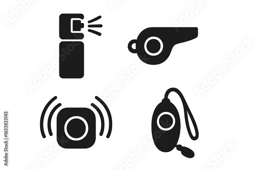 Personal Safety Device Icons Set. Solid Vector Illustration Pack of 4: Pepper Spray, Safety Whistle, Emergency Panic Button, Personal Alarm. Security Gadgets. Self Defense Tools. Protection Equipment.