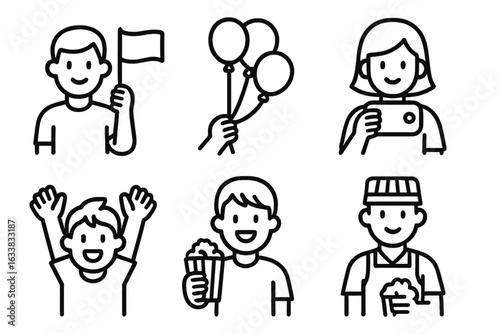 Parade Celebration Outline Icon Set. Waving Flag, Helium Balloons, Taking Photos, Cheering Crowd, Popcorn Vendor. Festive Event People. Cartoon Vector Illustration for Festival, Carnival, Fair