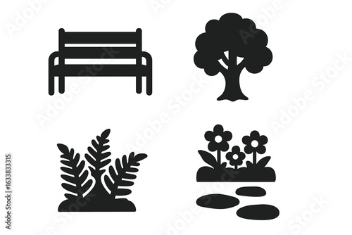 Park feature icons vector set. Solid filled symbols of urban park elements. Metal bench, oak tree, fern bush, flower bed, stepping stones. Nature, outdoor, landscaping design, green area clipart