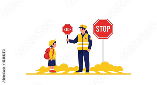Crossing Guard Helps Student Safely Cross The Street At The Crosswalk