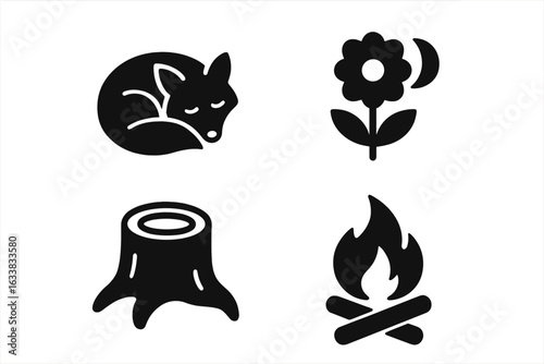 Peaceful night nature icons set. Solid filled vector illustration of sleeping fox, night flower with moon, tree stump, campfire. Silhouette forest elements, camping, wildlife, bedtime, relaxation.