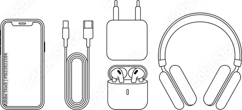 Clean line art illustration of apple airpods max headphones and accessories on white background
