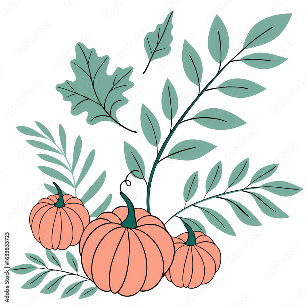 Naklejka premium Three peach-colored pumpkins nestled amongst stylized teal leaves and branches.