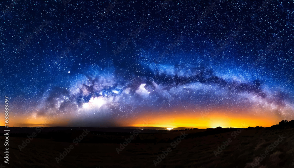 Fototapeta premium Milky Way over the beautiful mountain with sunrise covered peak at night in summer. Colorful landscape with bright starry sky with Milky Way arch, snowy rocks, hills. Space. Nature