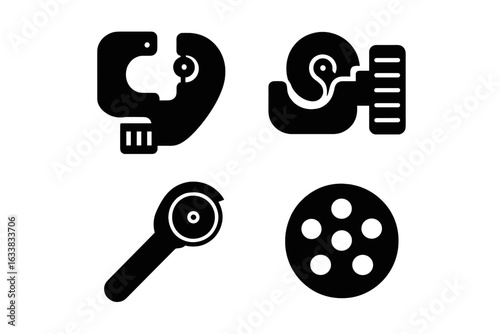 Pipe Cutting Tools Icons Set. Solid Filled Vector Illustration of Industrial Pipe Cutter, Tubing Cutter, Rotary Blade Cutter, Circular Blade Wheel. Mechanical Workshop Equipment Isolated