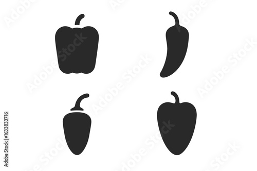 Black Solid Pepper Icons Set. Variety Vegetable Silhouette Collection Including Bell Pepper, Chili Pepper, Jalapeño, Habanero, Cayenne, Poblano. Simple Vector Isolated Transparent Background