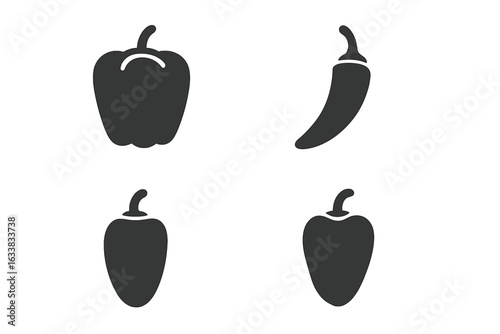 Solid Filled Pepper Icon Set. Variety of 4 Peppers Including Bell Pepper, Chili Pepper, Jalapeño, Habanero. Flat Vector Illustrations. Spicy Hot Pepper Collection for Culinary Food Design.