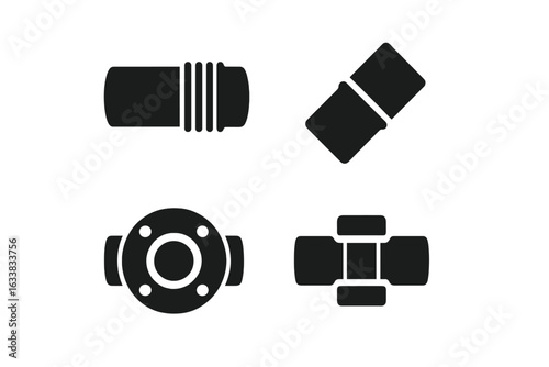 Pipe Joint Icon Set. Solid Black Vector Icons of Threaded, Welded, Flanged, and Compression Pipe Fitting Types. Industrial Plumbing, Mechanical Engineering, Construction, Water, Gas, Oil Connections