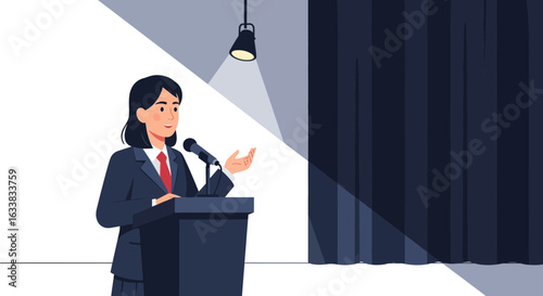 Confident Woman Delivering Speech on Podium in Auditorium Hall Under Spotlight