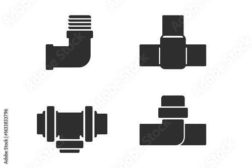 Industrial Pipe Joint Icons Set. 4 Solid Filled Vector Illustrations of Pipe Fittings: Threaded Joint, Welded Joint, Flanged Joint, Compression Joint. Plumbing, Construction, Engineering Elements