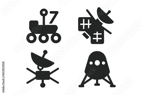 Set of Solid Space Exploration Icons. Vector Pack of Four Filled Black Mission Symbols: Mars Rover, Space Satellite, Deep Space Probe, Planetary Lander. Science, Astronomy, Cosmos, Technology