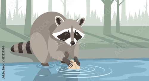 Curious Raccoon Paddling In Water With Food Found Along Forest Stream