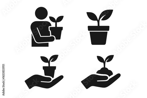 Plant care solid icons set. Black gardening vector symbols of pot holding, nurturing hand, planting, environment, growth, eco care, sapling care, nurturing plant, horticulture, sustainable gardening