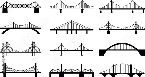 Collection of diverse architectural bridge designs showcasing various structural engineering styles and forms