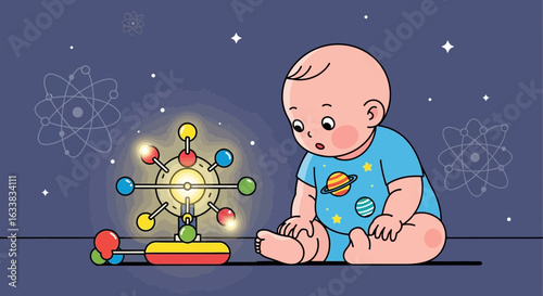 Cute Baby Enthralled By A Science Toy Under The Night Sky