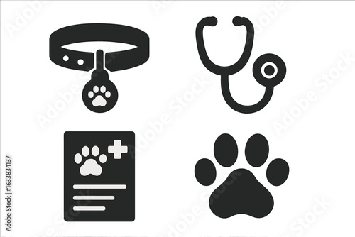 Veterinary pet safety and wellness black icon set. Animal collar with paw tag, stethoscope, vet medical chart, paw print. Solid filled vector symbols for pet care, clinic, ID, veterinary health.