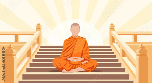 Contemplative Monk In Lotus Position Meditating On Temple Steps With Radiant Light
