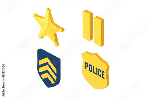 Isometric Police Rank Insignia and Badges Vector Set. 3D Icons of Sheriff Star, Lieutenant Bars, Sergeant Chevron, Police Shield. Law Enforcement Symbols, Ranks, Police Emblems, Security Concept