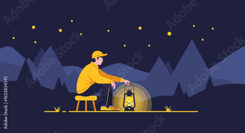 Contemplative Scene Of Solitude Under Starry Night With Lantern