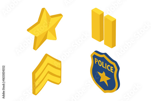 Isometric Police Rank Insignia and Badge Icons Set. Vector Illustration of Captain Star, Lieutenant Bars, Sergeant Chevron, Police Shield Badge. Law Enforcement Ranks, Police Symbols, Security