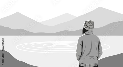 Contemplative Scene Woman Gazing At Serene Mountain Lake In Monochrome