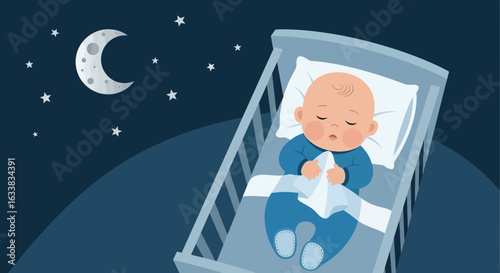 Cute Baby Sleeping Peacefully In Crib Under Moonlight And Starry Night Sky