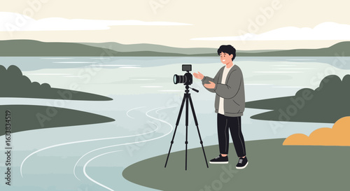 Content Creator Making Outdoor Videos with Camera and Tripod Beautiful Scene