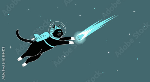 Cosmic Cat Adventures Space Feline Chasing Meteor among Stars in Distant Galaxy