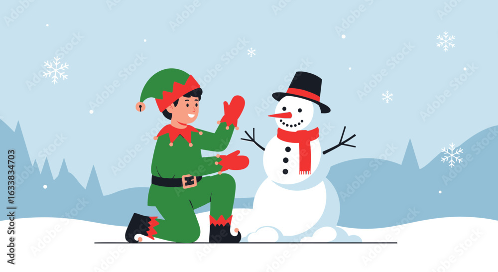 Naklejka premium Cheerful Elf Building A Snowman In A Snowy Winter Landscape Scene