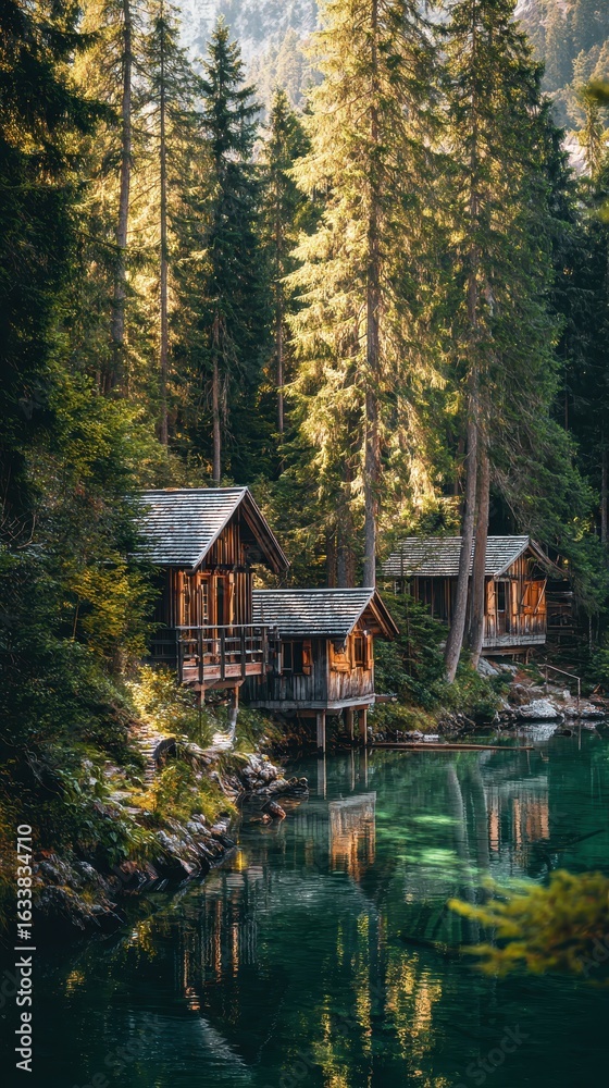 Fototapeta premium Beautiful photo of cozy wooden huts nestled in the forest beside a tranquil lake. Surrounded by tall pine trees.