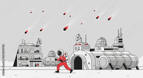 Cosmic Peril Astronaut Running From Meteor Shower on Distant Planet Base
