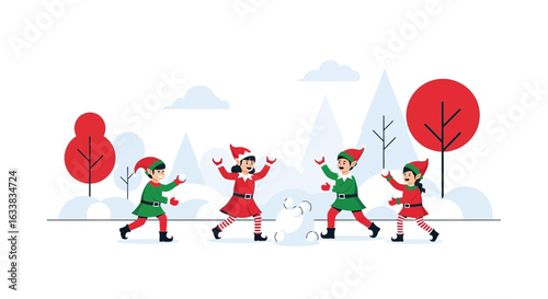 Cheerful Elves Enjoying A Festive Snowball Fight On A Winter Day