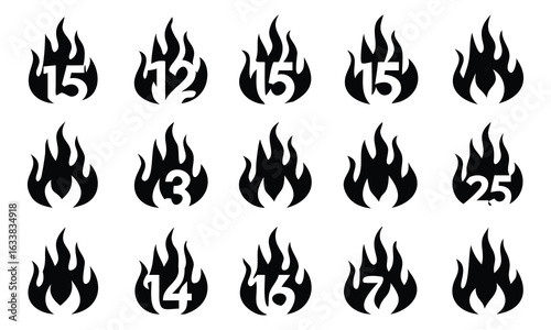 Burning hot fire flame icons, vector set of orange and yellow heat illustrations
