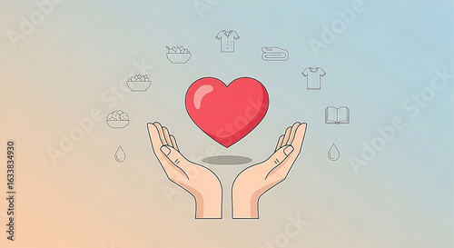 Red heart floating above two open hands, surrounded by charity-related icons (food, clothing, book, water), pastel minimal design