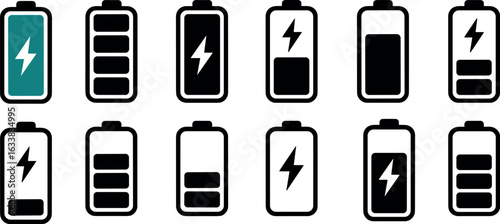 Collection of battery icons showing various charge levels and power status