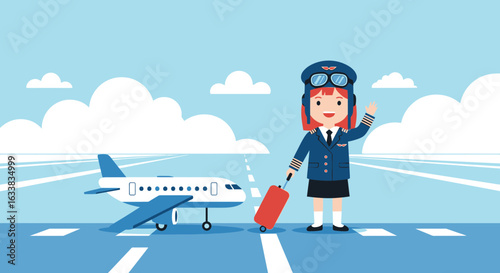 Cheerful Female Pilot With Luggage At The Airport Runway