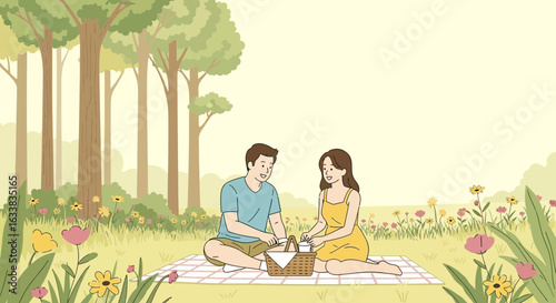 Couple Enjoying Picnic in Forest Glade Scene Illustration