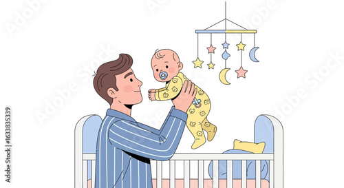Dad Holds His Baby Near Crib In Nursery Room With Mobile Hanging