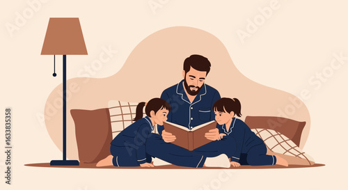 Dad Reads Story To Twin Daughters Together On Bedtime Routine