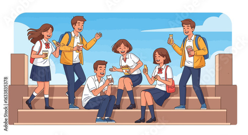 Cheerful High School Students Enjoying Lunch Break Outdoors Near the School Building