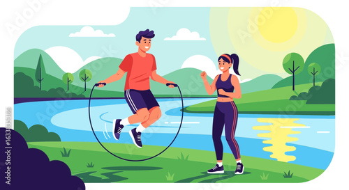 Couple Exercising Together Outdoors With Jumping Rope And Jogging Training