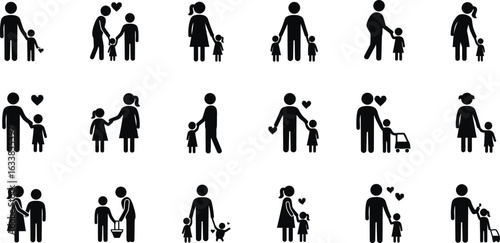 Collection of black silhouette icons depicting families and children in various interactions family parent