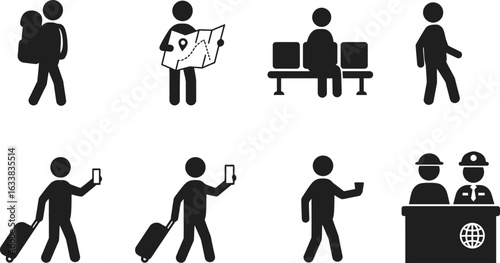 Collection of black silhouette icons depicting travel and transportation activities person