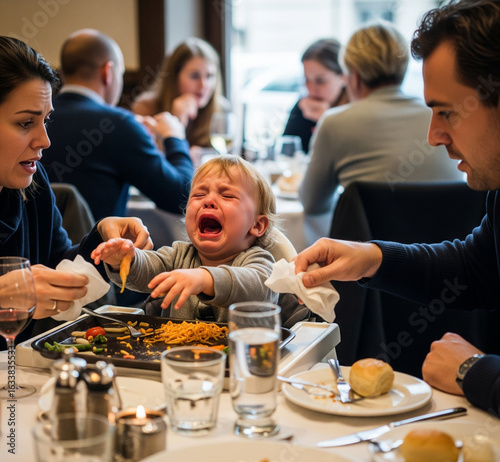 Frustrated parents trying to calm their crying baby during a chaotic family dinner at a restaurant.