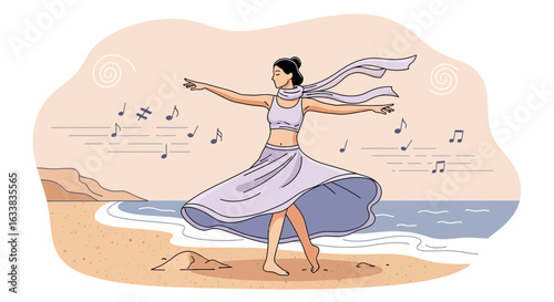 Dancing Woman Enjoying Music On The Beach With Musical Notes Elements