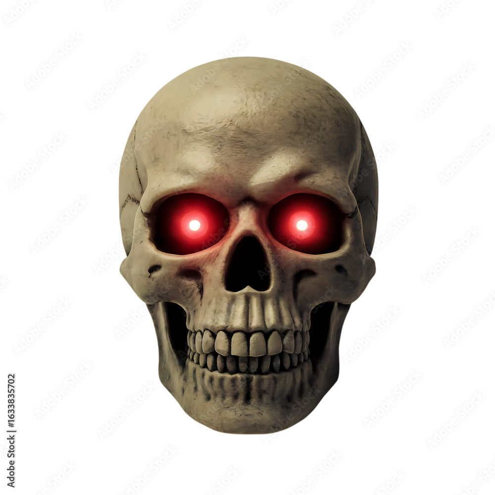 Obraz premium Creepy skull with glowing red eyes isolated on transparent background, a symbol of halloween, horror, and the macabre