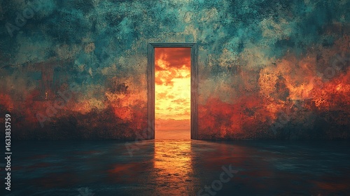 A mysterious open doorway set within a crumbling wall reveals a surreal and breathtaking orange sunset over a calm ocean horizon symbolizing escape and wonder