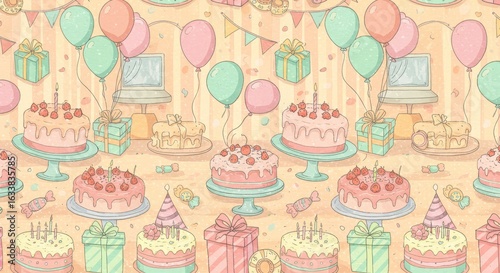 Birthday Party Pattern with Cake Balloons and Gifts Illustration