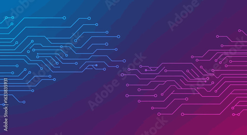 Circuit board pattern with blue and pink lines on a gradient background