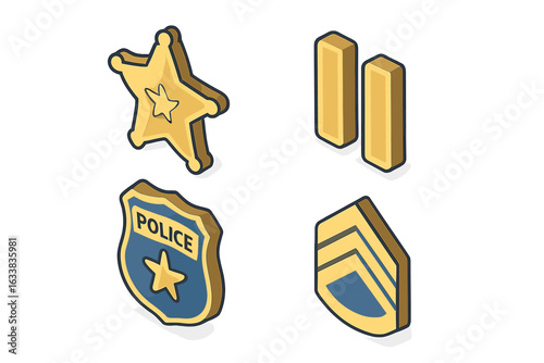 Isometric Police Rank Insignia Icons Set. Vector 3D Police Badges, Sheriff Star, Lieutenant Bars, Sergeant Chevron, Police Shield Emblem for Law Enforcement, Security, Patrol, Authority Concepts